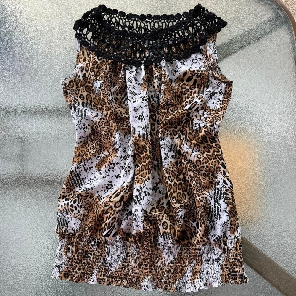 Y2K Leopard Print Crochet Neck Tank Top Animal Print Boho Sleeveless Blouse M